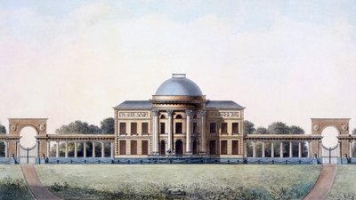 Zamek św. Andrzeja, niedaleko Brugii, z „Wybór najbardziej znaczących zabytków, budynków i domów Królestwa Niderlandów”, opublikowany w 1827 r. autorstwa Pierre Jacques Goetghebuer